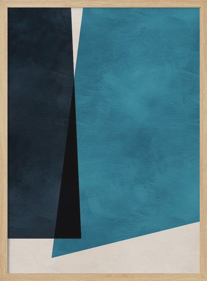 An abstract modern art piece in a black frame, featuring a color block composition of large geometric shapes in navy blue, teal, black, and off-white, with a subtle textured finish. Print