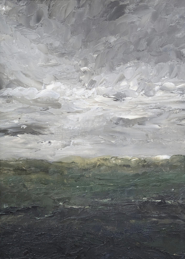 An abstract, heavily textured oil painting of a stormy landscape, enclosed in a thin black frame. The top two-thirds feature a turbulent sky rendered in thick strokes of white, light grey, and dark grey. The bottom third depicts a dark sea or landmass in shades of deep green and black, with a hint of olive at the horizon. Artwork
