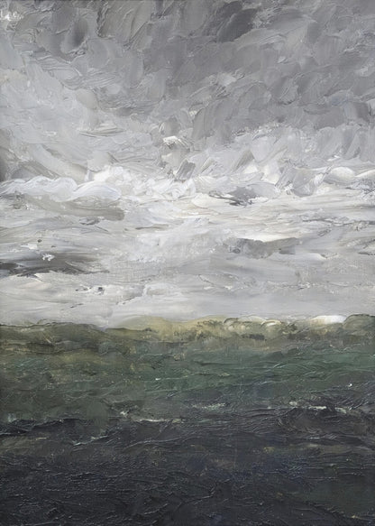 An abstract, heavily textured oil painting of a stormy landscape, enclosed in a thin black frame. The top two-thirds feature a turbulent sky rendered in thick strokes of white, light grey, and dark grey. The bottom third depicts a dark sea or landmass in shades of deep green and black, with a hint of olive at the horizon. Artwork