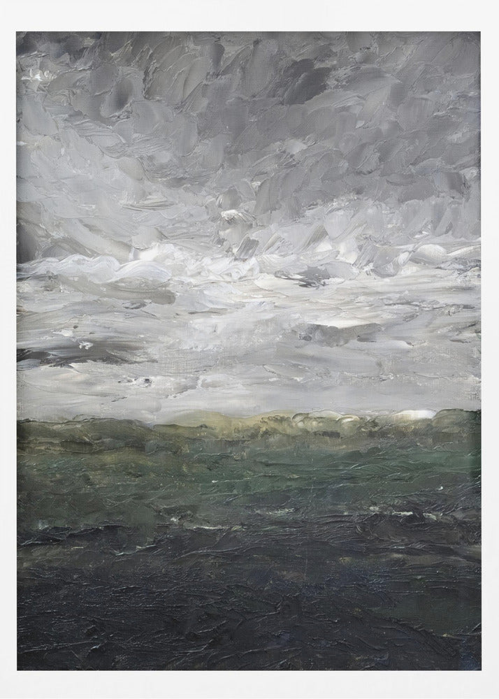 An abstract, heavily textured oil painting of a stormy landscape, enclosed in a thin black frame. The top two-thirds feature a turbulent sky rendered in thick strokes of white, light grey, and dark grey. The bottom third depicts a dark sea or landmass in shades of deep green and black, with a hint of olive at the horizon. Artwork