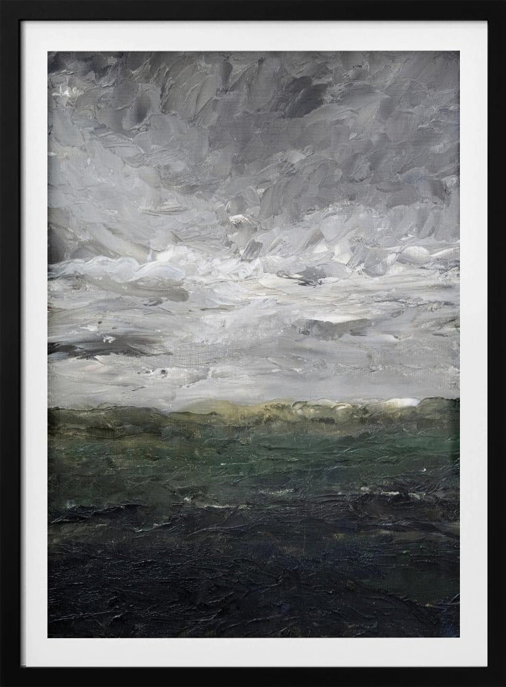 An abstract, heavily textured oil painting of a stormy landscape, enclosed in a thin black frame. The top two-thirds feature a turbulent sky rendered in thick strokes of white, light grey, and dark grey. The bottom third depicts a dark sea or landmass in shades of deep green and black, with a hint of olive at the horizon. Artwork