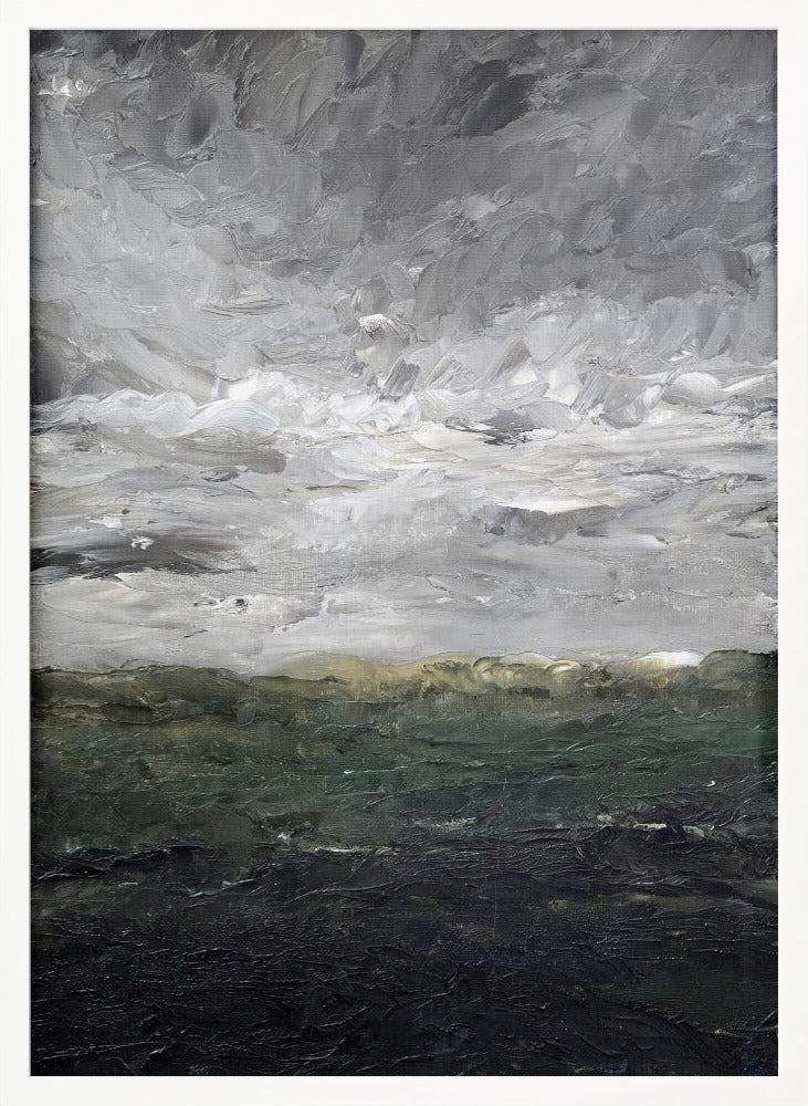 An abstract, heavily textured oil painting of a stormy landscape, enclosed in a thin black frame. The top two-thirds feature a turbulent sky rendered in thick strokes of white, light grey, and dark grey. The bottom third depicts a dark sea or landmass in shades of deep green and black, with a hint of olive at the horizon. Artwork