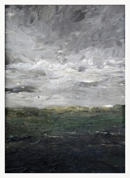 An abstract, heavily textured oil painting of a stormy landscape, enclosed in a thin black frame. The top two-thirds feature a turbulent sky rendered in thick strokes of white, light grey, and dark grey. The bottom third depicts a dark sea or landmass in shades of deep green and black, with a hint of olive at the horizon. Artwork