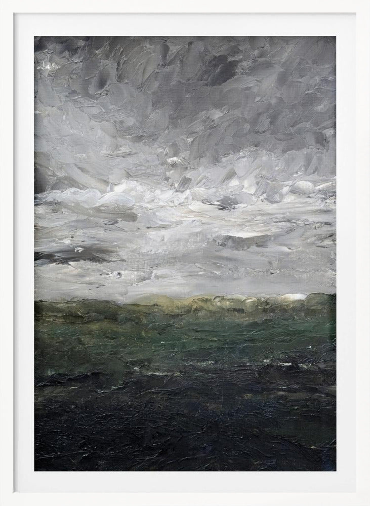 An abstract, heavily textured oil painting of a stormy landscape, enclosed in a thin black frame. The top two-thirds feature a turbulent sky rendered in thick strokes of white, light grey, and dark grey. The bottom third depicts a dark sea or landmass in shades of deep green and black, with a hint of olive at the horizon. Artwork