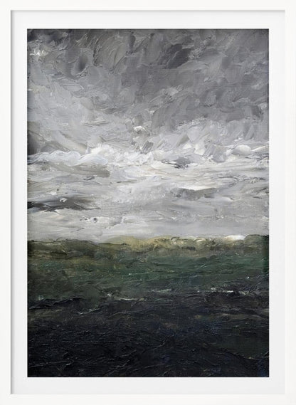 An abstract, heavily textured oil painting of a stormy landscape, enclosed in a thin black frame. The top two-thirds feature a turbulent sky rendered in thick strokes of white, light grey, and dark grey. The bottom third depicts a dark sea or landmass in shades of deep green and black, with a hint of olive at the horizon. Artwork