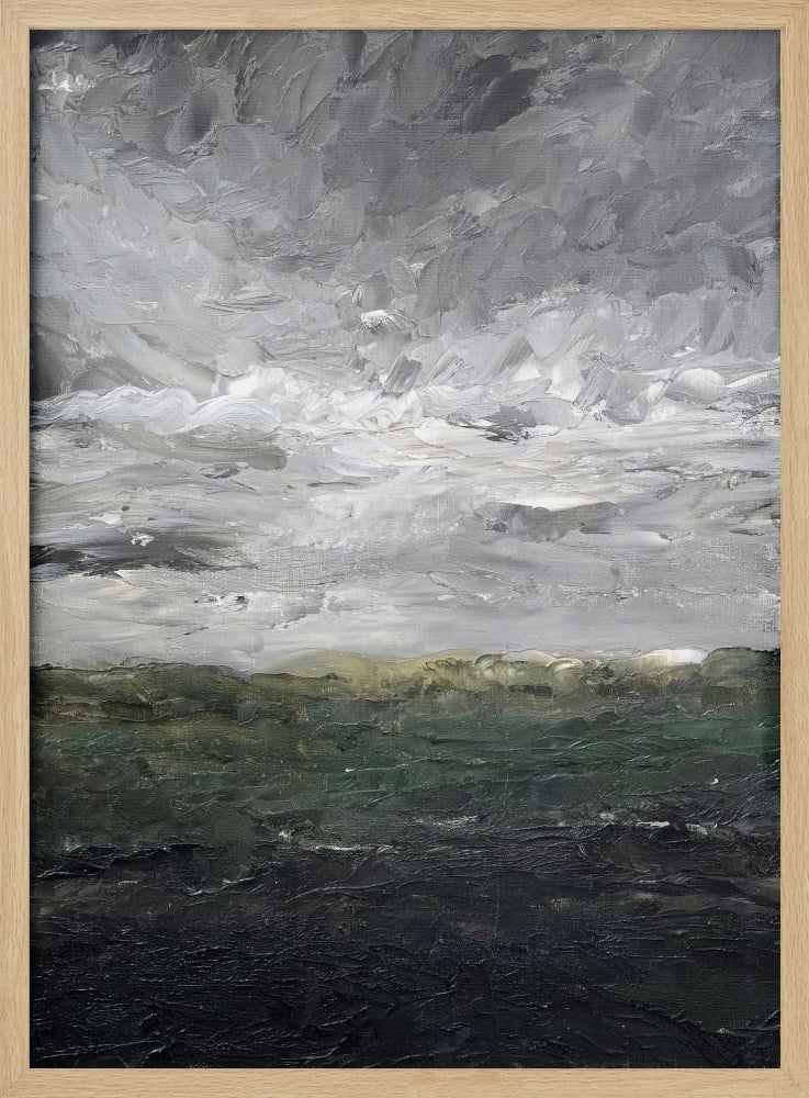 An abstract, heavily textured oil painting of a stormy landscape, enclosed in a thin black frame. The top two-thirds feature a turbulent sky rendered in thick strokes of white, light grey, and dark grey. The bottom third depicts a dark sea or landmass in shades of deep green and black, with a hint of olive at the horizon. Artwork