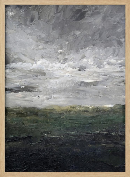 An abstract, heavily textured oil painting of a stormy landscape, enclosed in a thin black frame. The top two-thirds feature a turbulent sky rendered in thick strokes of white, light grey, and dark grey. The bottom third depicts a dark sea or landmass in shades of deep green and black, with a hint of olive at the horizon. Artwork