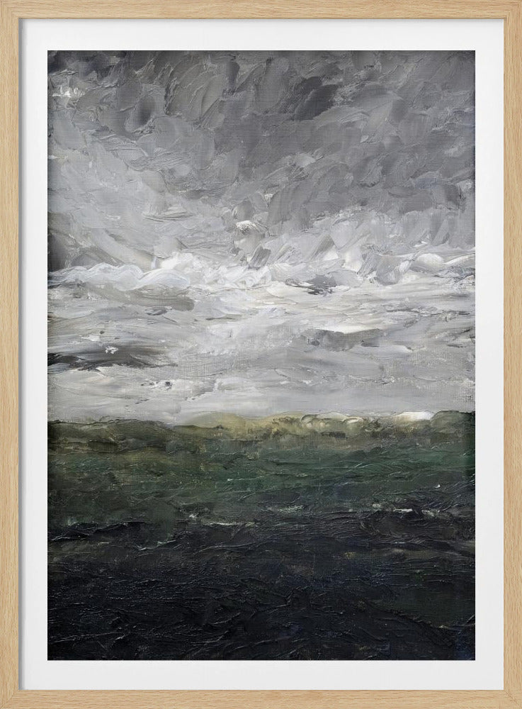An abstract, heavily textured oil painting of a stormy landscape, enclosed in a thin black frame. The top two-thirds feature a turbulent sky rendered in thick strokes of white, light grey, and dark grey. The bottom third depicts a dark sea or landmass in shades of deep green and black, with a hint of olive at the horizon. Artwork