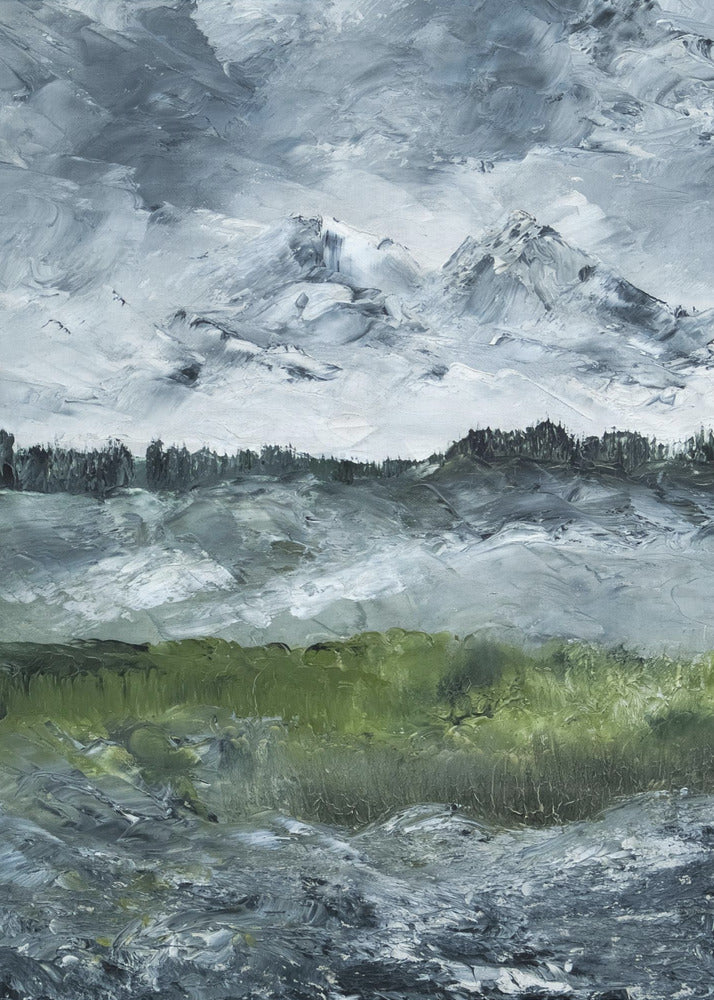 A heavily textured impasto painting of a dramatic mountain landscape under a stormy grey and white sky. Snow-capped peaks rise in the distance above a dark treeline, while a vibrant green field in the foreground provides a splash of color against the otherwise moody, cool-toned scene. The artwork is presented in a simple black frame. Wall Art