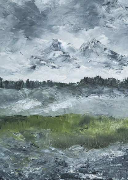 A heavily textured impasto painting of a dramatic mountain landscape under a stormy grey and white sky. Snow-capped peaks rise in the distance above a dark treeline, while a vibrant green field in the foreground provides a splash of color against the otherwise moody, cool-toned scene. The artwork is presented in a simple black frame. Wall Art
