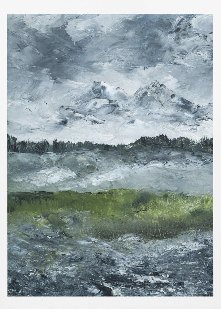 A heavily textured impasto painting of a dramatic mountain landscape under a stormy grey and white sky. Snow-capped peaks rise in the distance above a dark treeline, while a vibrant green field in the foreground provides a splash of color against the otherwise moody, cool-toned scene. The artwork is presented in a simple black frame. Wall Art