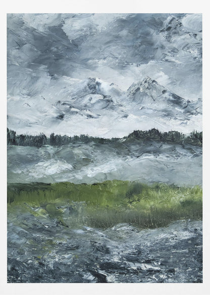 A heavily textured impasto painting of a dramatic mountain landscape under a stormy grey and white sky. Snow-capped peaks rise in the distance above a dark treeline, while a vibrant green field in the foreground provides a splash of color against the otherwise moody, cool-toned scene. The artwork is presented in a simple black frame. Wall Art