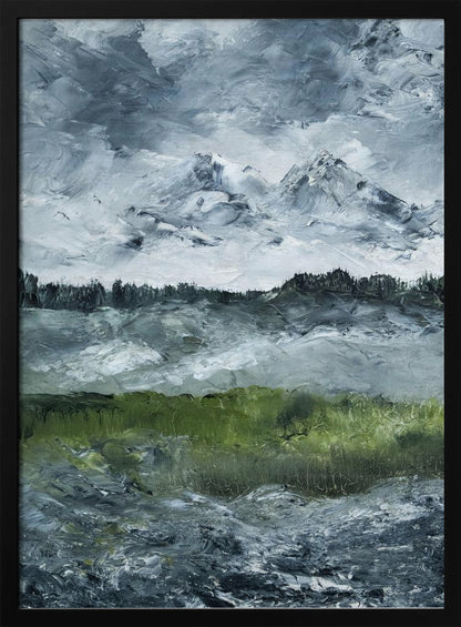 A heavily textured impasto painting of a dramatic mountain landscape under a stormy grey and white sky. Snow-capped peaks rise in the distance above a dark treeline, while a vibrant green field in the foreground provides a splash of color against the otherwise moody, cool-toned scene. The artwork is presented in a simple black frame. Wall Art