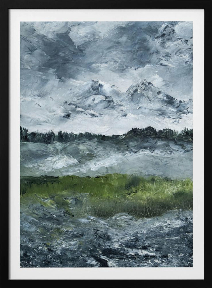 A heavily textured impasto painting of a dramatic mountain landscape under a stormy grey and white sky. Snow-capped peaks rise in the distance above a dark treeline, while a vibrant green field in the foreground provides a splash of color against the otherwise moody, cool-toned scene. The artwork is presented in a simple black frame. Wall Art