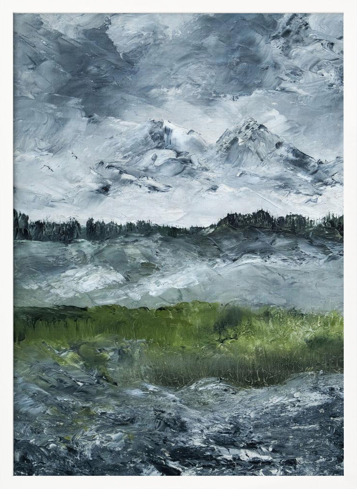 A heavily textured impasto painting of a dramatic mountain landscape under a stormy grey and white sky. Snow-capped peaks rise in the distance above a dark treeline, while a vibrant green field in the foreground provides a splash of color against the otherwise moody, cool-toned scene. The artwork is presented in a simple black frame. Wall Art