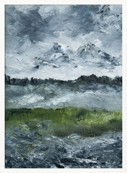 A heavily textured impasto painting of a dramatic mountain landscape under a stormy grey and white sky. Snow-capped peaks rise in the distance above a dark treeline, while a vibrant green field in the foreground provides a splash of color against the otherwise moody, cool-toned scene. The artwork is presented in a simple black frame. Wall Art