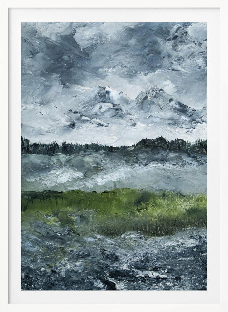 A heavily textured impasto painting of a dramatic mountain landscape under a stormy grey and white sky. Snow-capped peaks rise in the distance above a dark treeline, while a vibrant green field in the foreground provides a splash of color against the otherwise moody, cool-toned scene. The artwork is presented in a simple black frame. Wall Art