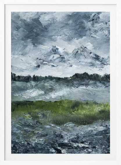 A heavily textured impasto painting of a dramatic mountain landscape under a stormy grey and white sky. Snow-capped peaks rise in the distance above a dark treeline, while a vibrant green field in the foreground provides a splash of color against the otherwise moody, cool-toned scene. The artwork is presented in a simple black frame. Wall Art