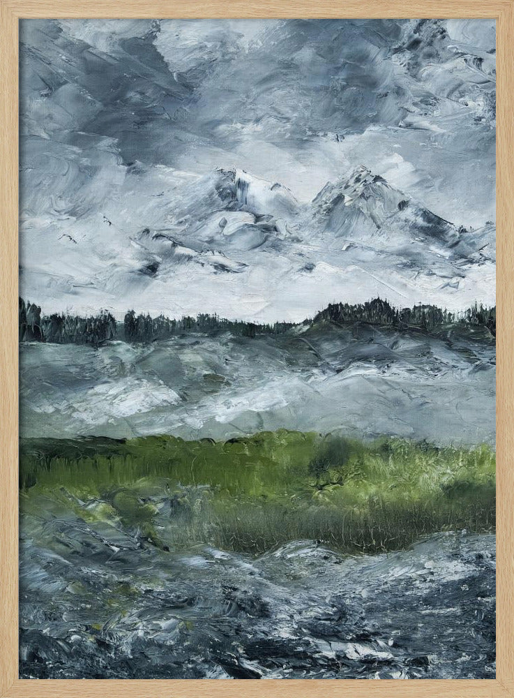 A heavily textured impasto painting of a dramatic mountain landscape under a stormy grey and white sky. Snow-capped peaks rise in the distance above a dark treeline, while a vibrant green field in the foreground provides a splash of color against the otherwise moody, cool-toned scene. The artwork is presented in a simple black frame. Wall Art