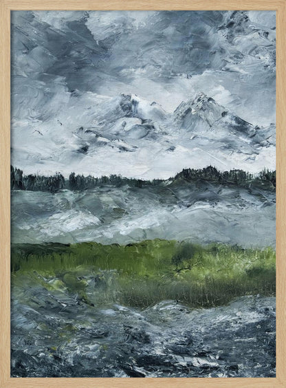 A heavily textured impasto painting of a dramatic mountain landscape under a stormy grey and white sky. Snow-capped peaks rise in the distance above a dark treeline, while a vibrant green field in the foreground provides a splash of color against the otherwise moody, cool-toned scene. The artwork is presented in a simple black frame. Wall Art