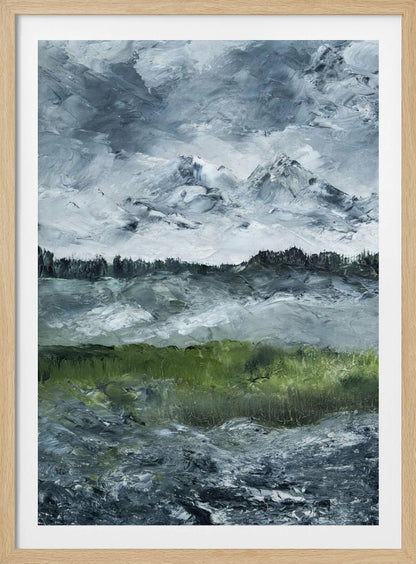 A heavily textured impasto painting of a dramatic mountain landscape under a stormy grey and white sky. Snow-capped peaks rise in the distance above a dark treeline, while a vibrant green field in the foreground provides a splash of color against the otherwise moody, cool-toned scene. The artwork is presented in a simple black frame. Wall Art