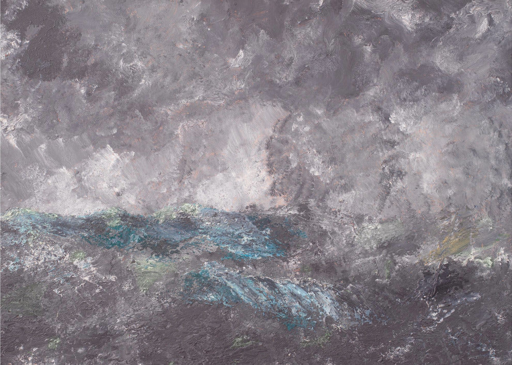 An abstract horizontal painting in a simple silver frame. The artwork features heavy texture and depicts a stormy scene, possibly a seascape. The top two-thirds is a tumultuous sky of dark and light grey swirls. The bottom third shows chaotic waves rendered in shades of dark grey, deep blue, teal, and white. Artwork