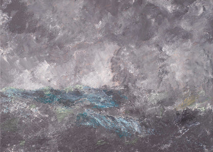An abstract horizontal painting in a simple silver frame. The artwork features heavy texture and depicts a stormy scene, possibly a seascape. The top two-thirds is a tumultuous sky of dark and light grey swirls. The bottom third shows chaotic waves rendered in shades of dark grey, deep blue, teal, and white. Artwork