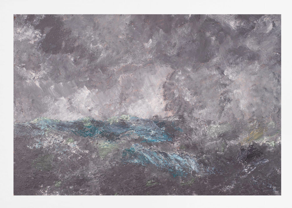 An abstract horizontal painting in a simple silver frame. The artwork features heavy texture and depicts a stormy scene, possibly a seascape. The top two-thirds is a tumultuous sky of dark and light grey swirls. The bottom third shows chaotic waves rendered in shades of dark grey, deep blue, teal, and white. Artwork
