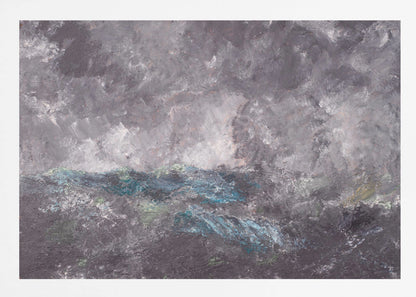 An abstract horizontal painting in a simple silver frame. The artwork features heavy texture and depicts a stormy scene, possibly a seascape. The top two-thirds is a tumultuous sky of dark and light grey swirls. The bottom third shows chaotic waves rendered in shades of dark grey, deep blue, teal, and white. Artwork