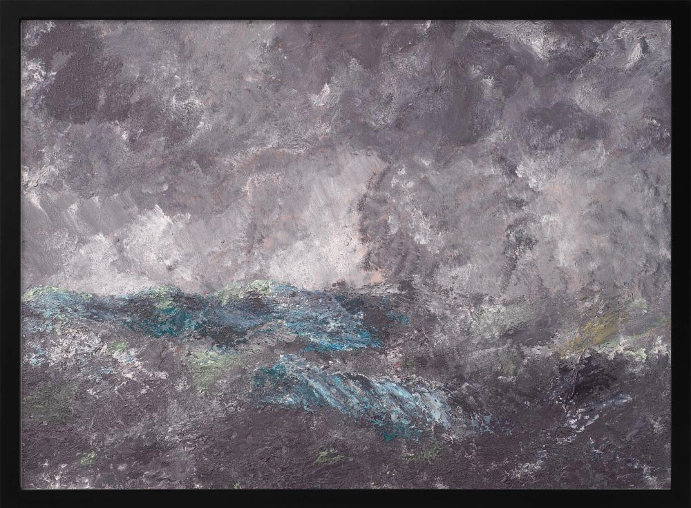 An abstract horizontal painting in a simple silver frame. The artwork features heavy texture and depicts a stormy scene, possibly a seascape. The top two-thirds is a tumultuous sky of dark and light grey swirls. The bottom third shows chaotic waves rendered in shades of dark grey, deep blue, teal, and white. Artwork