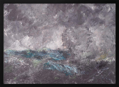 An abstract horizontal painting in a simple silver frame. The artwork features heavy texture and depicts a stormy scene, possibly a seascape. The top two-thirds is a tumultuous sky of dark and light grey swirls. The bottom third shows chaotic waves rendered in shades of dark grey, deep blue, teal, and white. Artwork