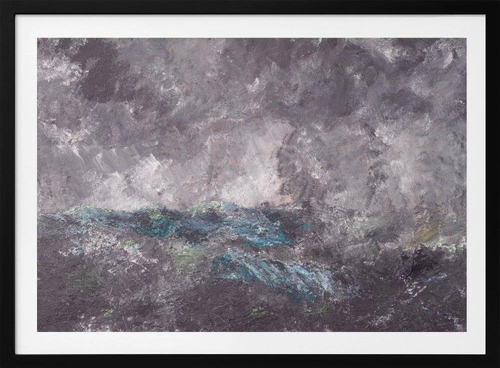 An abstract horizontal painting in a simple silver frame. The artwork features heavy texture and depicts a stormy scene, possibly a seascape. The top two-thirds is a tumultuous sky of dark and light grey swirls. The bottom third shows chaotic waves rendered in shades of dark grey, deep blue, teal, and white. Artwork