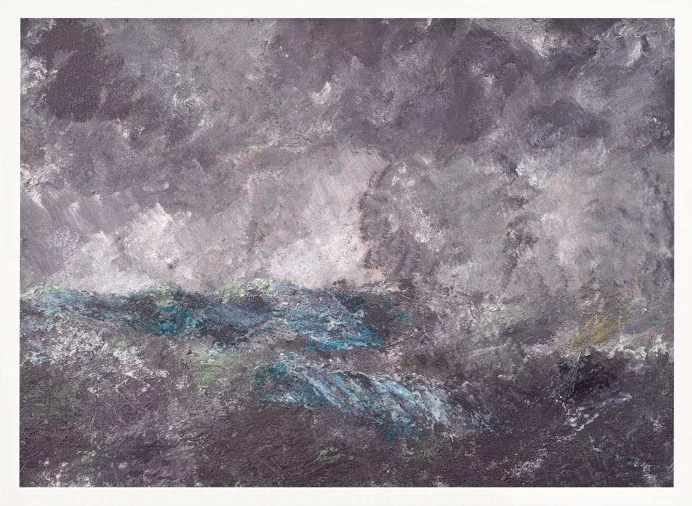 An abstract horizontal painting in a simple silver frame. The artwork features heavy texture and depicts a stormy scene, possibly a seascape. The top two-thirds is a tumultuous sky of dark and light grey swirls. The bottom third shows chaotic waves rendered in shades of dark grey, deep blue, teal, and white. Artwork
