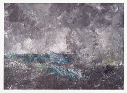 An abstract horizontal painting in a simple silver frame. The artwork features heavy texture and depicts a stormy scene, possibly a seascape. The top two-thirds is a tumultuous sky of dark and light grey swirls. The bottom third shows chaotic waves rendered in shades of dark grey, deep blue, teal, and white. Artwork