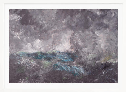 An abstract horizontal painting in a simple silver frame. The artwork features heavy texture and depicts a stormy scene, possibly a seascape. The top two-thirds is a tumultuous sky of dark and light grey swirls. The bottom third shows chaotic waves rendered in shades of dark grey, deep blue, teal, and white. Artwork