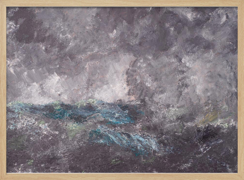 An abstract horizontal painting in a simple silver frame. The artwork features heavy texture and depicts a stormy scene, possibly a seascape. The top two-thirds is a tumultuous sky of dark and light grey swirls. The bottom third shows chaotic waves rendered in shades of dark grey, deep blue, teal, and white. Artwork