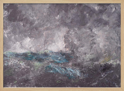 An abstract horizontal painting in a simple silver frame. The artwork features heavy texture and depicts a stormy scene, possibly a seascape. The top two-thirds is a tumultuous sky of dark and light grey swirls. The bottom third shows chaotic waves rendered in shades of dark grey, deep blue, teal, and white. Artwork