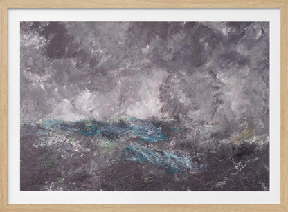 An abstract horizontal painting in a simple silver frame. The artwork features heavy texture and depicts a stormy scene, possibly a seascape. The top two-thirds is a tumultuous sky of dark and light grey swirls. The bottom third shows chaotic waves rendered in shades of dark grey, deep blue, teal, and white. Artwork