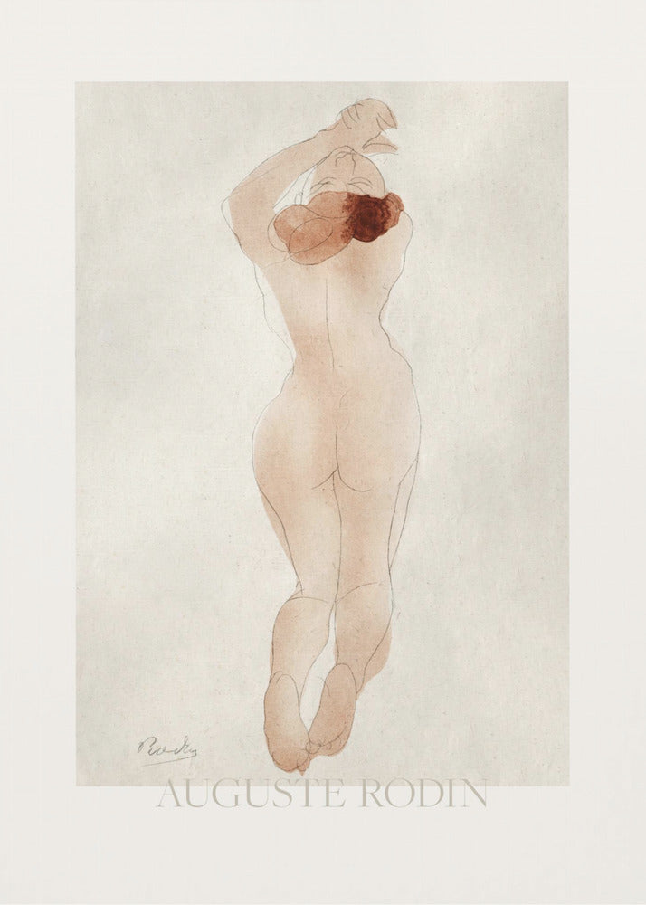 A vintage art print by Auguste Rodin featuring a watercolor and pencil sketch of a nude woman from behind. She has reddish-brown hair and her arms are raised above her head. The piece is set against an off-white background and enclosed in a black frame. Artwork