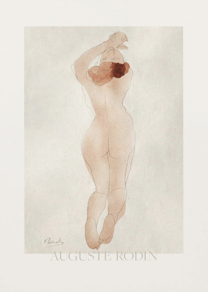 A vintage art print by Auguste Rodin featuring a watercolor and pencil sketch of a nude woman from behind. She has reddish-brown hair and her arms are raised above her head. The piece is set against an off-white background and enclosed in a black frame. Artwork