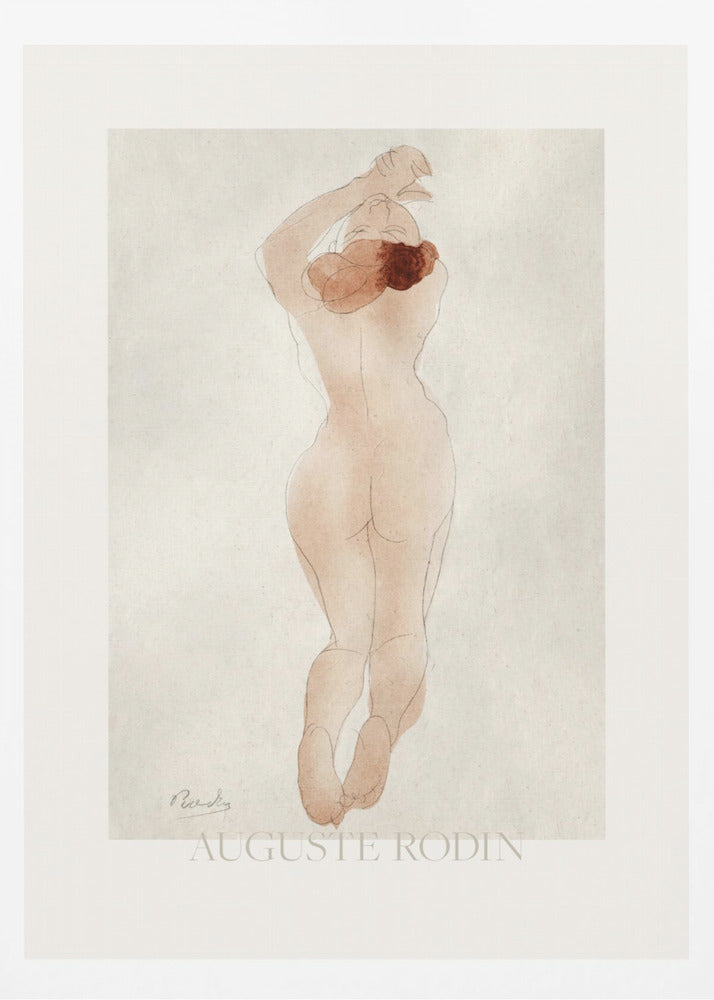 A vintage art print by Auguste Rodin featuring a watercolor and pencil sketch of a nude woman from behind. She has reddish-brown hair and her arms are raised above her head. The piece is set against an off-white background and enclosed in a black frame. Artwork