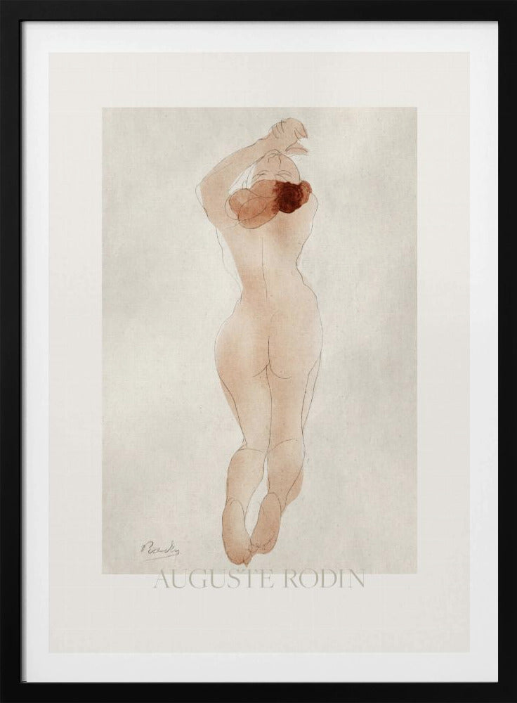 A vintage art print by Auguste Rodin featuring a watercolor and pencil sketch of a nude woman from behind. She has reddish-brown hair and her arms are raised above her head. The piece is set against an off-white background and enclosed in a black frame. Artwork