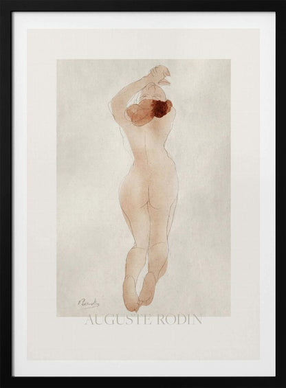 A vintage art print by Auguste Rodin featuring a watercolor and pencil sketch of a nude woman from behind. She has reddish-brown hair and her arms are raised above her head. The piece is set against an off-white background and enclosed in a black frame. Artwork