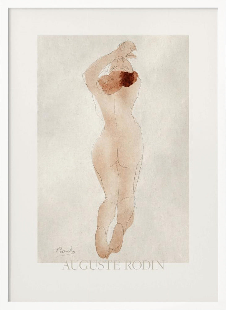 A vintage art print by Auguste Rodin featuring a watercolor and pencil sketch of a nude woman from behind. She has reddish-brown hair and her arms are raised above her head. The piece is set against an off-white background and enclosed in a black frame. Artwork