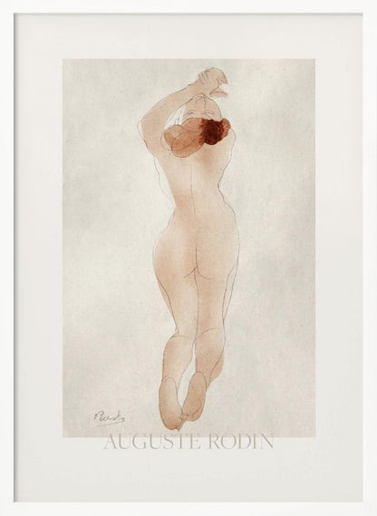A vintage art print by Auguste Rodin featuring a watercolor and pencil sketch of a nude woman from behind. She has reddish-brown hair and her arms are raised above her head. The piece is set against an off-white background and enclosed in a black frame. Artwork