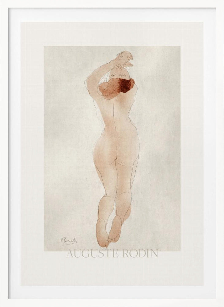 A vintage art print by Auguste Rodin featuring a watercolor and pencil sketch of a nude woman from behind. She has reddish-brown hair and her arms are raised above her head. The piece is set against an off-white background and enclosed in a black frame. Artwork