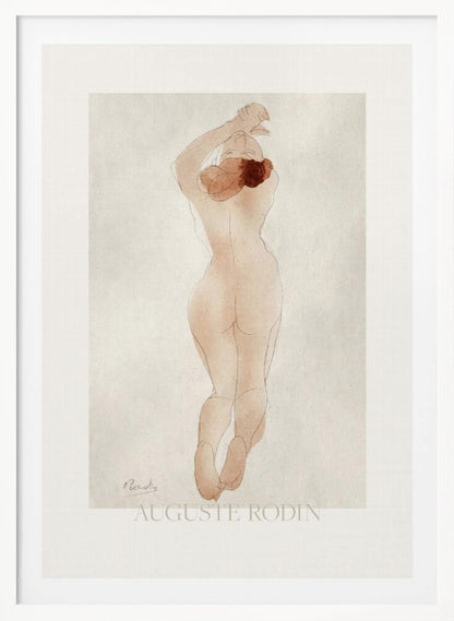 A vintage art print by Auguste Rodin featuring a watercolor and pencil sketch of a nude woman from behind. She has reddish-brown hair and her arms are raised above her head. The piece is set against an off-white background and enclosed in a black frame. Artwork