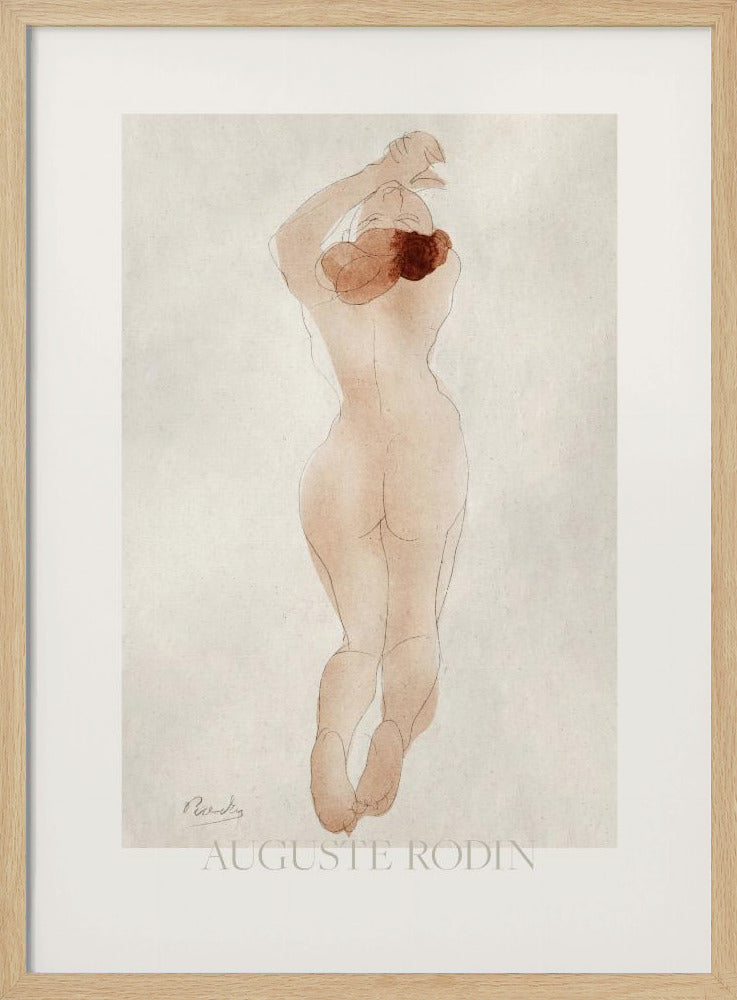 A vintage art print by Auguste Rodin featuring a watercolor and pencil sketch of a nude woman from behind. She has reddish-brown hair and her arms are raised above her head. The piece is set against an off-white background and enclosed in a black frame. Artwork