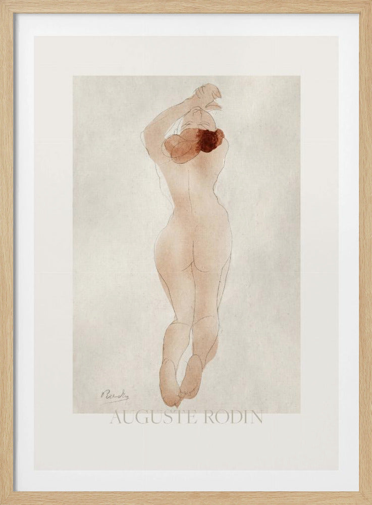 A vintage art print by Auguste Rodin featuring a watercolor and pencil sketch of a nude woman from behind. She has reddish-brown hair and her arms are raised above her head. The piece is set against an off-white background and enclosed in a black frame. Artwork