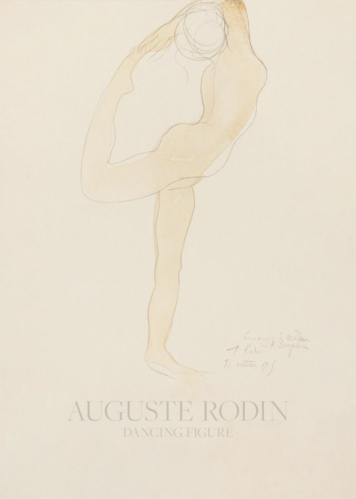 A framed art print of 'Dancing Figure' by Auguste Rodin. The artwork is a minimalist sketch with a light tan watercolor wash of a nude figure in a flexible, contorted dance pose on a cream-colored background. The artist's name and the title are printed at the bottom. Poster